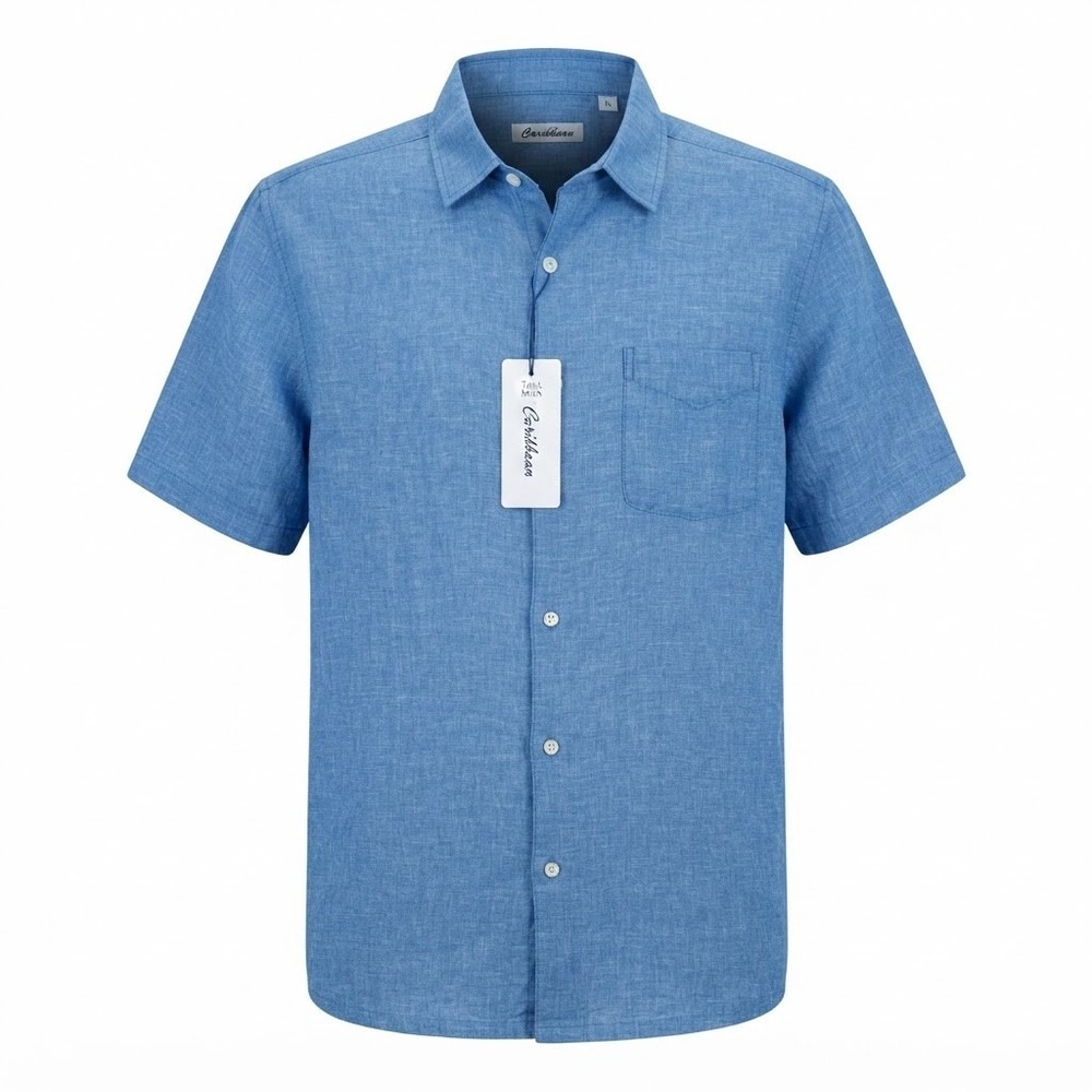 NEW Caribbean Roundtree & Yorke Blue 100% Linen Short Sleeve Shirt Mens LT Tall